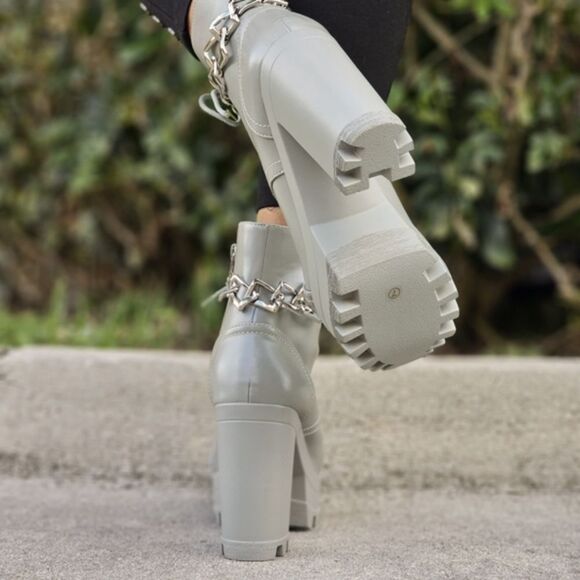 Women's Platform Heel Boots Chunky Ankle Lace Up Olive Color - Picture 6 of 6